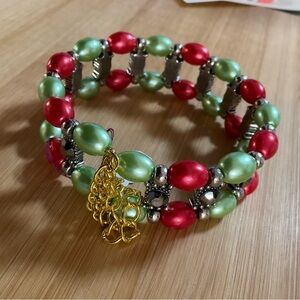 Hand Crafted Pearl Cuff Bracelet Red Green Gold Button Pearls Gold Chain Medium